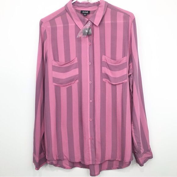 A.N.A. Pink Striped Button Up Lightweight Roll tab Long Sleeve Blouse- NEW - Picture 2 of 13